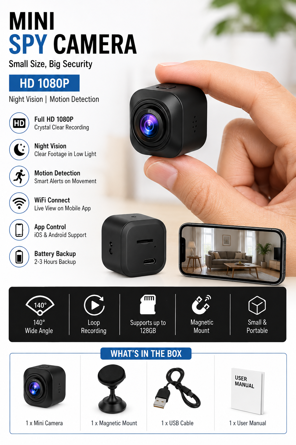 Mini Spy Camera HD WiFi with Night Vision & Motion Detection